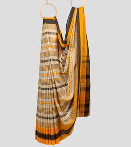 Beige With Black N Turmeric Yellow Dhonekhali Cotton Saree-Body