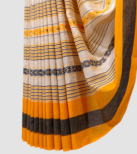 Beige With Black N Turmeric Yellow Dhonekhali Cotton Saree-Border