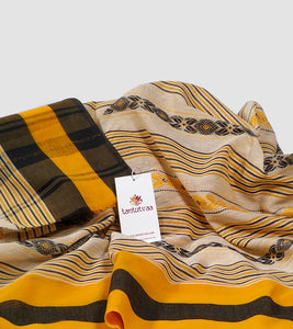 Beige With Black N Turmeric Yellow Dhonekhali Cotton Saree-Detail