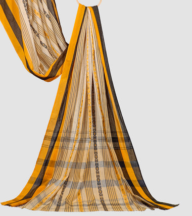 Load image into Gallery viewer, Beige With Black N Turmeric Yellow Dhonekhali Cotton Saree-Pallu