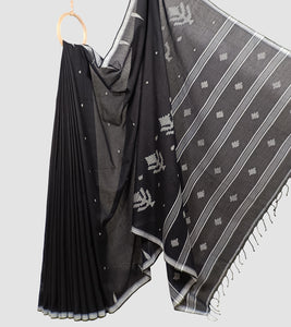 Black Handloom Cotton Jamdani Saree-Body