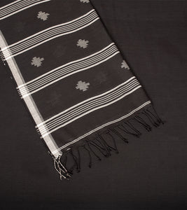 Black Handloom Cotton Jamdani Saree-Tassel