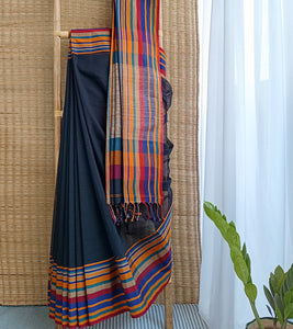 Black Multicolour Border N Jute Ghicha Pallu Handloom Cotton Saree-Body