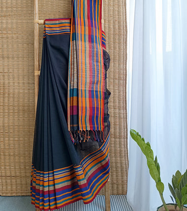 Black Multicolour Border N Jute Ghicha Pallu Handloom Cotton Saree-Body