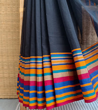 Load image into Gallery viewer, Black Multicolour Border N Jute Ghicha Pallu Handloom Cotton Saree-Border