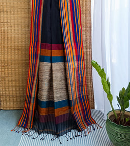 Black Multicolour Border N Jute Ghicha Pallu Handloom Cotton Saree-Pallu