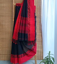 Load image into Gallery viewer, Black N Crimson Red Nakshi Border Handloom Cotton Saree-Body N Pallu