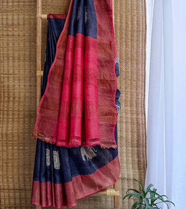 Load image into Gallery viewer, Black N Raspberry Red Hand Block Print Zari Tussar Silk Saree-Body N Pallu