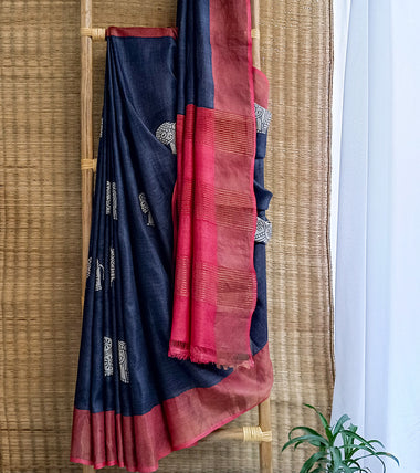 Black N Raspberry Red Hand Block Print Zari Tussar Silk Saree-Body