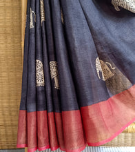 Load image into Gallery viewer, Black N Raspberry Red Hand Block Print Zari Tussar Silk Saree-Black N Raspberry Red Hand Block Print Zari Tussar Silk Saree-Border