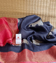 Load image into Gallery viewer, Black N Raspberry Red Hand Block Print Zari Tussar Silk Saree-Detail