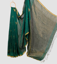 Load image into Gallery viewer, Bottle Green Linen Butterfly Zari Jamdani Saree-Body