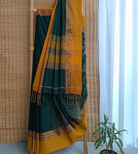 Load image into Gallery viewer, Bottle Green N Yellow Ochre Nakshi Border Handloom Cotton Saree-Body N Pallu