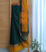 Load image into Gallery viewer, Bottle Green N Yellow Ochre Nakshi Border Handloom Cotton Saree-Body