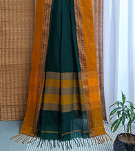 Load image into Gallery viewer, Bottle Green N Yellow Ochre Nakshi Border Handloom Cotton Saree-Pallu