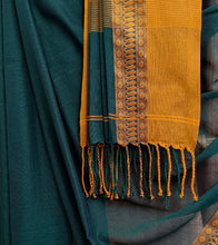 Load image into Gallery viewer, Bottle Green N Yellow Ochre Nakshi Border Handloom Cotton Saree-Tassel