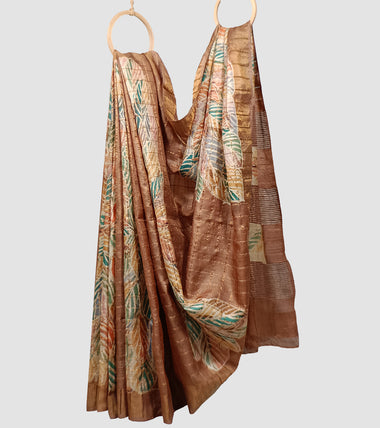 Brown Batik Zari Check Tussar Silk Saree-Body