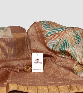 Brown Batik Zari Check Tussar Silk Saree-Detail