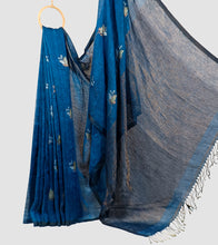 Load image into Gallery viewer, Cobalt Blue Linen Tulip Zari Jamdani Saree-Body