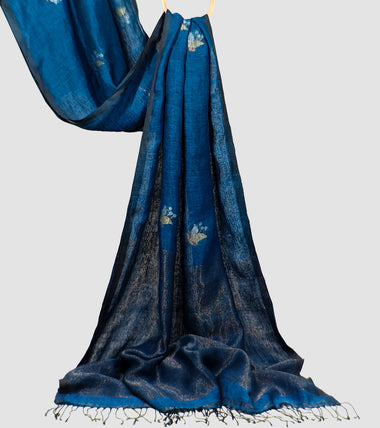 Load image into Gallery viewer, Cobalt Blue Linen Tulip Zari Jamdani Saree-Pallu
