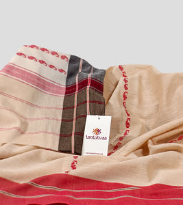 Cream With Red N Black Begumpuri Cotton Saree-Detail