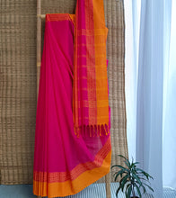 Load image into Gallery viewer, Fuchsia Pink N Orange Nakshi Border Handloom Cotton Saree-Body