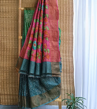 Load image into Gallery viewer, Green Ombre Hand Batik Kalamkari Zari Check Tussar Silk Saree-Body N Pallu