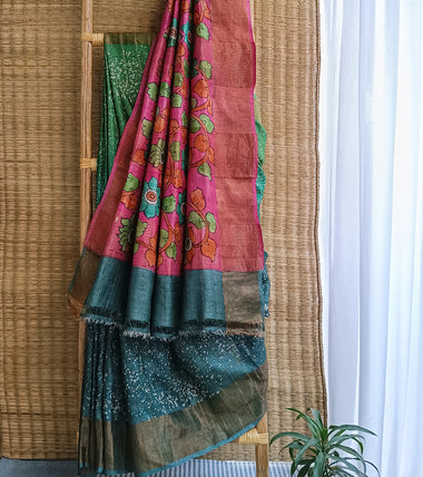 Load image into Gallery viewer, Green Ombre Hand Batik Kalamkari Zari Check Tussar Silk Saree-Body N Pallu