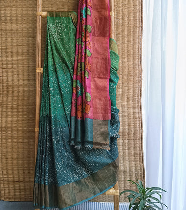 Green Ombre Hand Batik Kalamkari Zari Check Tussar Silk Saree-Body