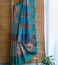 Load image into Gallery viewer, Grey N Aqua Blue Patch Hand Block Print Zari Tussar Silk Saree-Body N Pallu