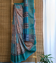 Load image into Gallery viewer, Grey N Aqua Blue Patch Hand Block Print Zari Tussar Silk Saree-Body