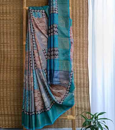 Grey N Aqua Blue Patch Hand Block Print Zari Tussar Silk Saree-Body