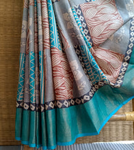 Load image into Gallery viewer, Grey N Aqua Blue Patch Hand Block Print Zari Tussar Silk Saree-Border