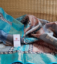 Load image into Gallery viewer, Grey N Aqua Blue Patch Hand Block Print Zari Tussar Silk Saree-Detail
