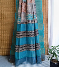 Load image into Gallery viewer, Grey N Aqua Blue Patch Hand Block Print Zari Tussar Silk Saree-Pallu