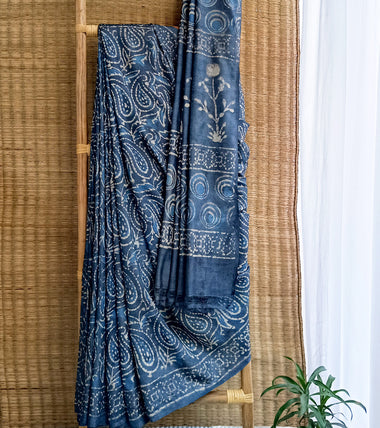 Indigo Kashish Hand Block Print Tussar Silk Saree-Body