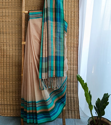 Light Beige Multi Blue Border N Jute Ghicha Pallu Handloom Cotton Saree-Body
