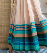 Load image into Gallery viewer, Light Beige Multi Blue Border N Jute Ghicha Pallu Handloom Cotton Saree-Border