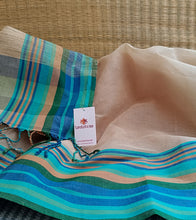 Load image into Gallery viewer, Light Beige Multi Blue Border N Jute Ghicha Pallu Handloom Cotton Saree-Detail