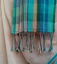 Load image into Gallery viewer, Light Beige Multi Blue Border N Jute Ghicha Pallu Handloom Cotton Saree-Tassel