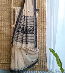 Light Beige N Black Cotton Baluchari Saree-Body N Pallu