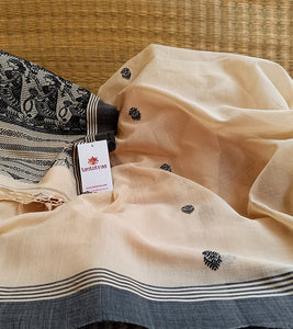 Light Beige N Black Cotton Baluchari Saree-Detail