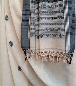 Light Beige N Black Cotton Baluchari Saree-Tassel