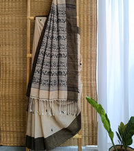 Load image into Gallery viewer, Light Beige N Black Mercerized Cotton Brocade Saree-Body N Pallu