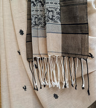 Load image into Gallery viewer, Light Beige N Black Mercerized Cotton Brocade Saree-Tassel