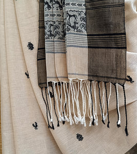 Light Beige N Black Mercerized Cotton Brocade Saree-Tassel