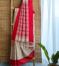 Load image into Gallery viewer, Light Beige N Red Mercerized Cotton Brocade Saree-Body N Pallu