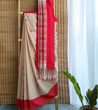 Load image into Gallery viewer, Light Beige N Red Mercerized Cotton Brocade Saree-Body
