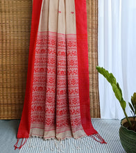 Load image into Gallery viewer, Light Beige N Red Mercerized Cotton Brocade Saree-Pallu