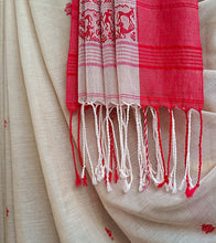 Load image into Gallery viewer, Light Beige N Red Mercerized Cotton Brocade Saree-Tassel